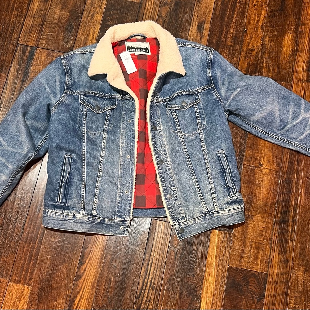 American Eagle Outfitters Blue Denim Jacket with Cream and Red Accents
